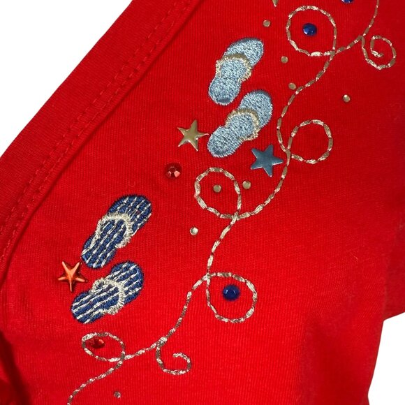 Holiday Editions XL red and white short sleeve v-neck embellished decorated top - Picture 6 of 9